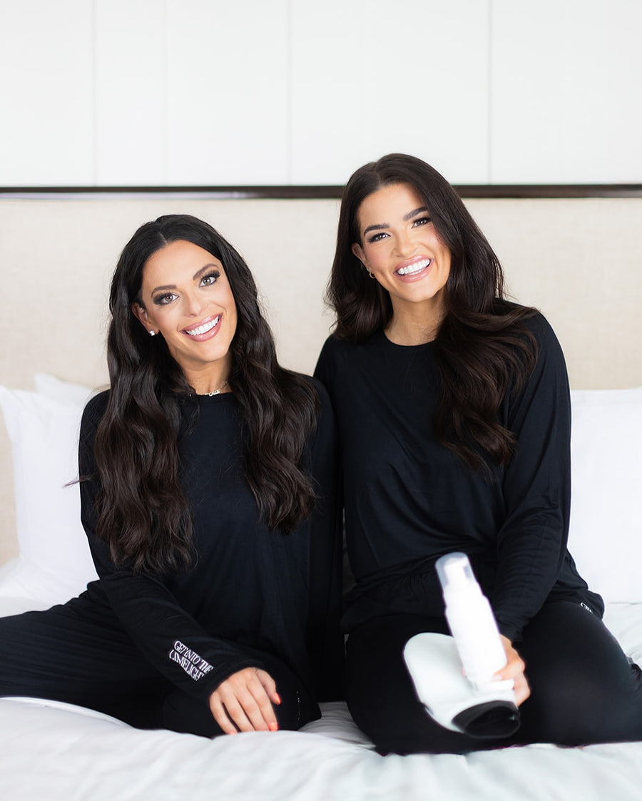 Get Into The Limelight Founder Lindsay Schneider and Influencer Natalie Kennedy @nataliepkennedy holding Get Into The Limelight x Natalie Kennedy NATurally Clear Water Mousse, wearing Get Into The Limelight Tanning Pajamas