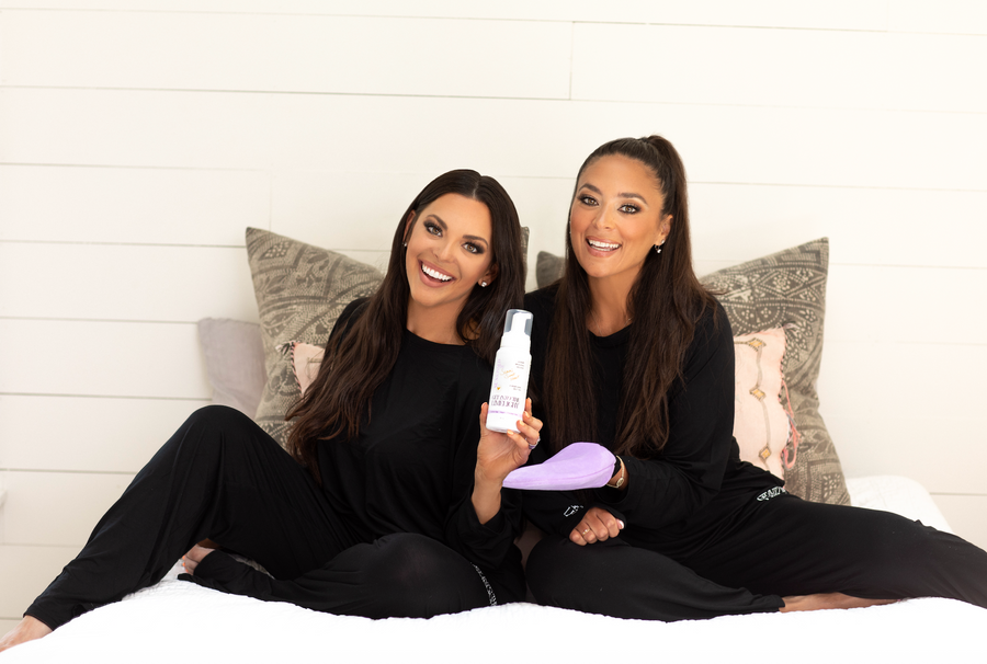 Get Into The Limelight Founder Lindsay Schneider and MTV Jersey Shore’s Samantha “Sammi Sweetheart” Giancola @sammisweetheart holding Sunkissed by Sammi Sweetheart x Get Into The Limelight self tanner, wearing Get Into The Limelight Tanning Pajamas