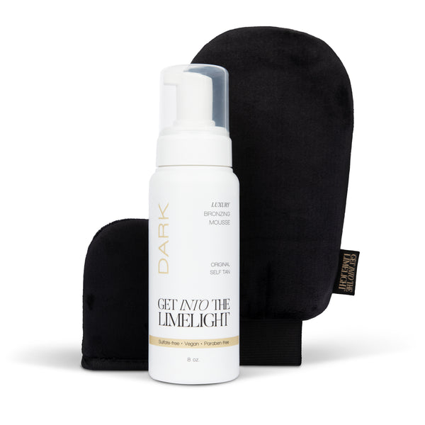 Bronze Babe self tanner starter kit with Dark mousse, tanning mitt, and mini face mitt