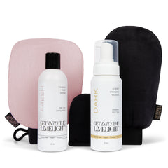 Self tanning mousse, exfoliating scrub, exfoliating mitt, and tanning mitts set
